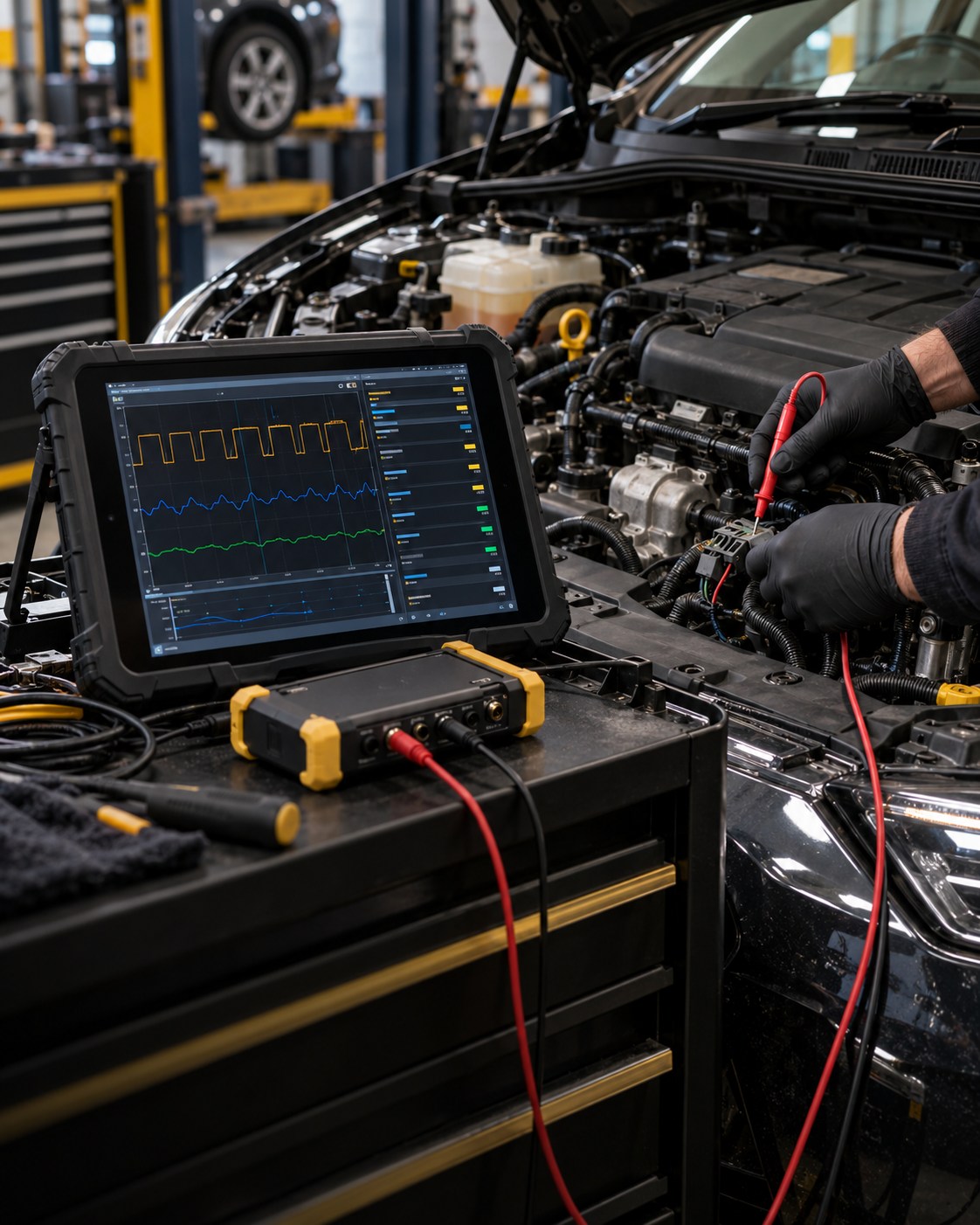 Illustration of vehicle electrical fault-finding using a diagnostic tablet, oscilloscope and test probe.